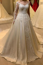 Long Sleeve Pearl Satin Sweetheart A-Line Wedding Dress With Lace Appliques