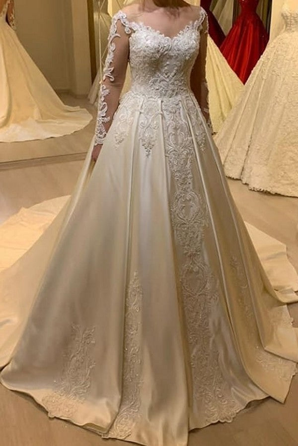 Long Sleeve Pearl Satin Sweetheart A-Line Wedding Dress With Lace Appliques