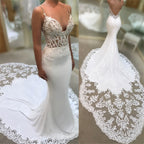 Spaghetti Straps Mermaid V Neck Applique Wedding Dress