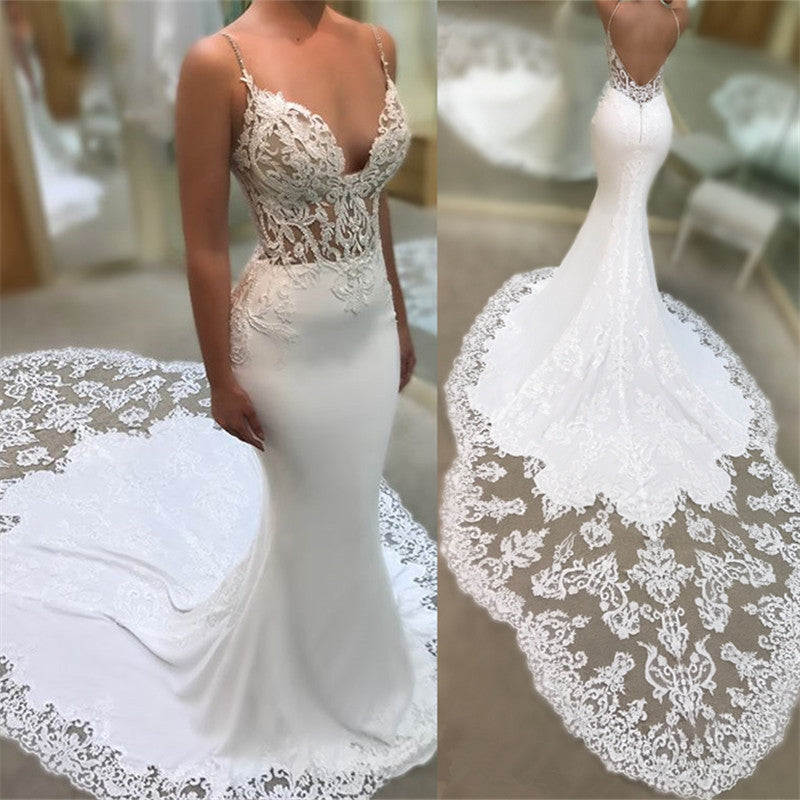 Spaghetti Straps Mermaid V Neck Applique Wedding Dress