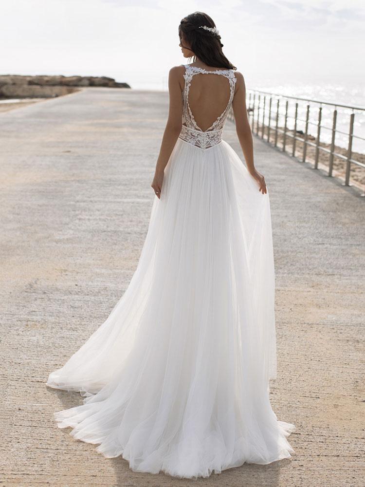 Sleeveless V Neck Lace Wedding Dress For Modern Brides
