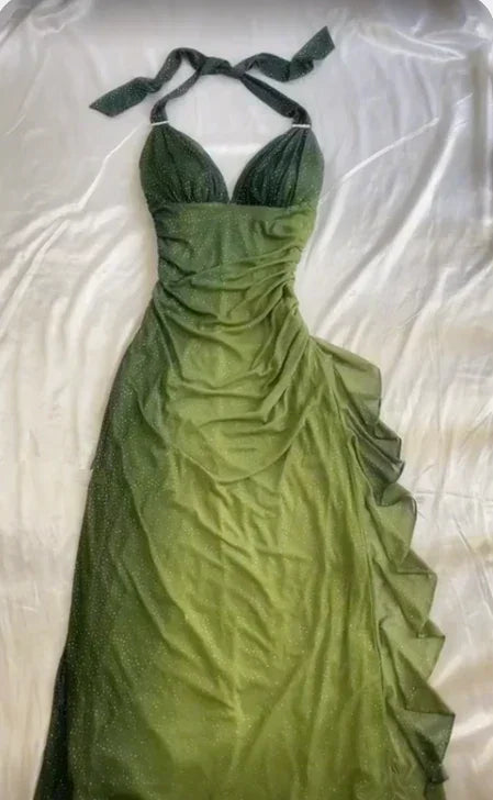 Robe longue de bal en mousseline verte dégradée à col en V et dos nu, robe de soirée pour fête Y7484