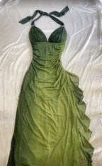 Robe longue de bal en mousseline verte dégradée à col en V et dos nu, robe de soirée pour fête Y7484
