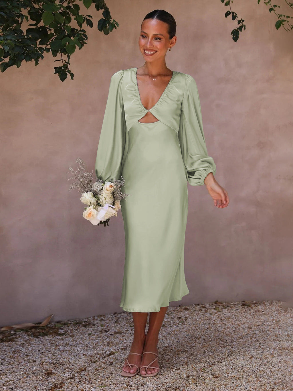 Vestido de Dama de Honra de Satinado de Alta Qualidade com Laços nas Costas e Decote Aberto, Vestido Elegante para Mulheres, Vestido de Noite, Vestido