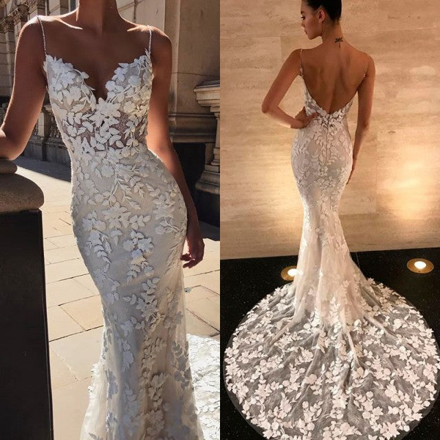 Spaghetti Strap Long Backless Lace Appliques Mermaid Wedding Dress