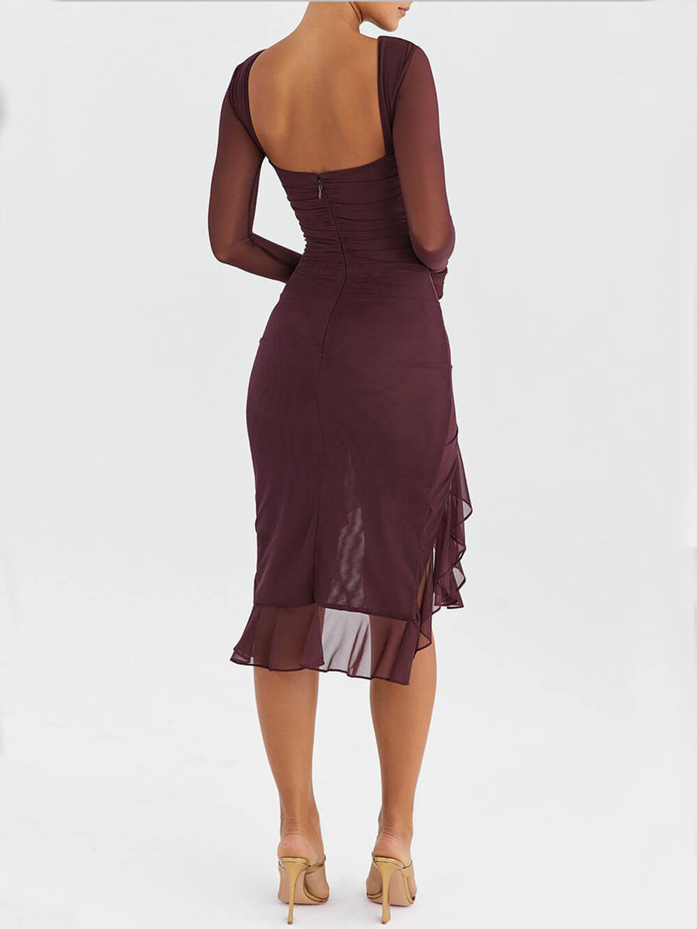 Weinrotes Midikleid mit Rüschen 