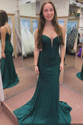 Dark Green Spaghetti Straps Beaded Mermaid Long Prom Dresses