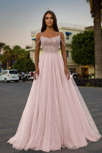 Tulle Spaghetti Strap Sleeveless A Line Prom Dress With Sequins Beads