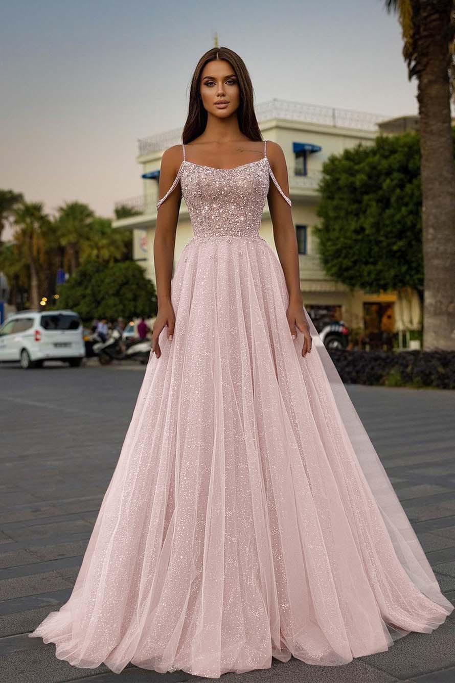 Tulle Spaghetti Strap Sleeveless A Line Prom Dress With Sequins Beads