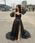 Cute A Line Sweetheart Black Sequins Long Prom Dresses