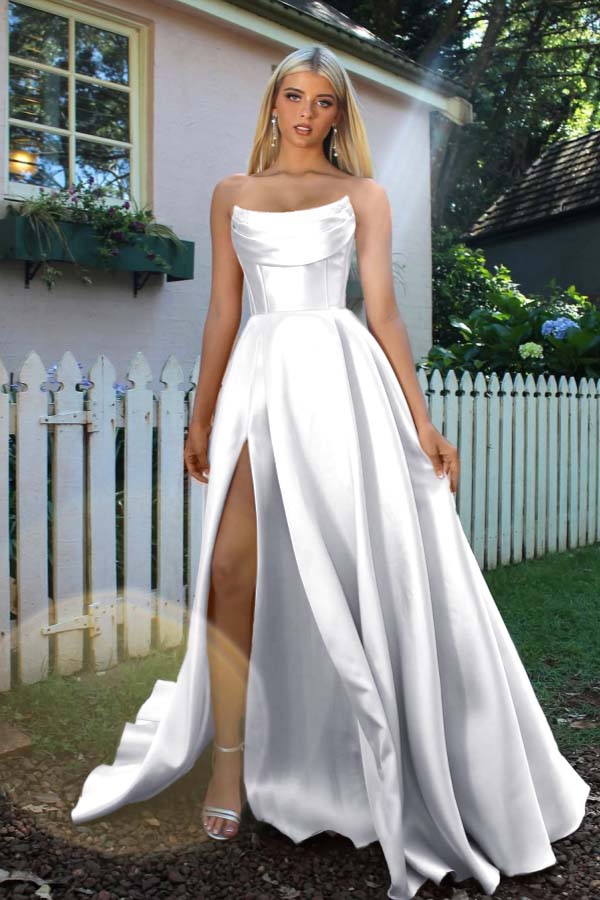 Strapless Sleeveless A Line Long Prom Dress Pleated Split