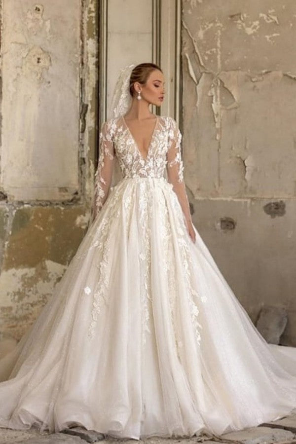 Chic Deep V Neck A Line Long Sleeves Wedding Dress With Tulle Lace Appliques
