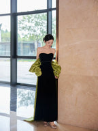 Vestido longo de cetim preto, sem alças, para baile, com laço Y8594