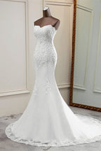 Chic Long Mermaid Strapless Lace Appliques Beaded Wedding Dress