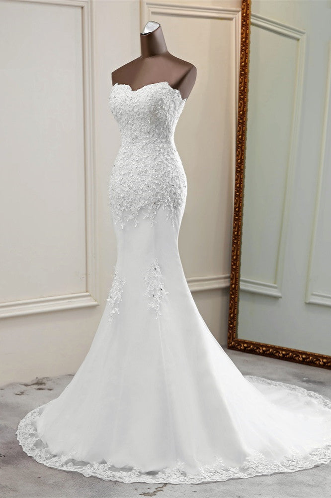 Chic Long Mermaid Strapless Lace Appliques Beaded Wedding Dress