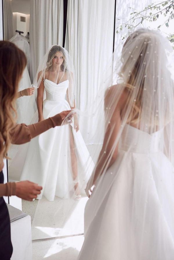 Brilliant Satin A Line Floor Length Sweetheart Wedding Dress With Slit Ruffles