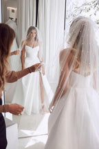 Brilliant Satin A Line Floor Length Sweetheart Wedding Dress With Slit Ruffles