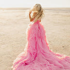 Vestidos Elegantes de Festa com Folhos em Pétalas Cor-de-Rosa Vestido Longo Sem Alças para Noivas Fotografia Vestido de Praia Boémio Vestidos de Grávida para Sessão Fotográfica