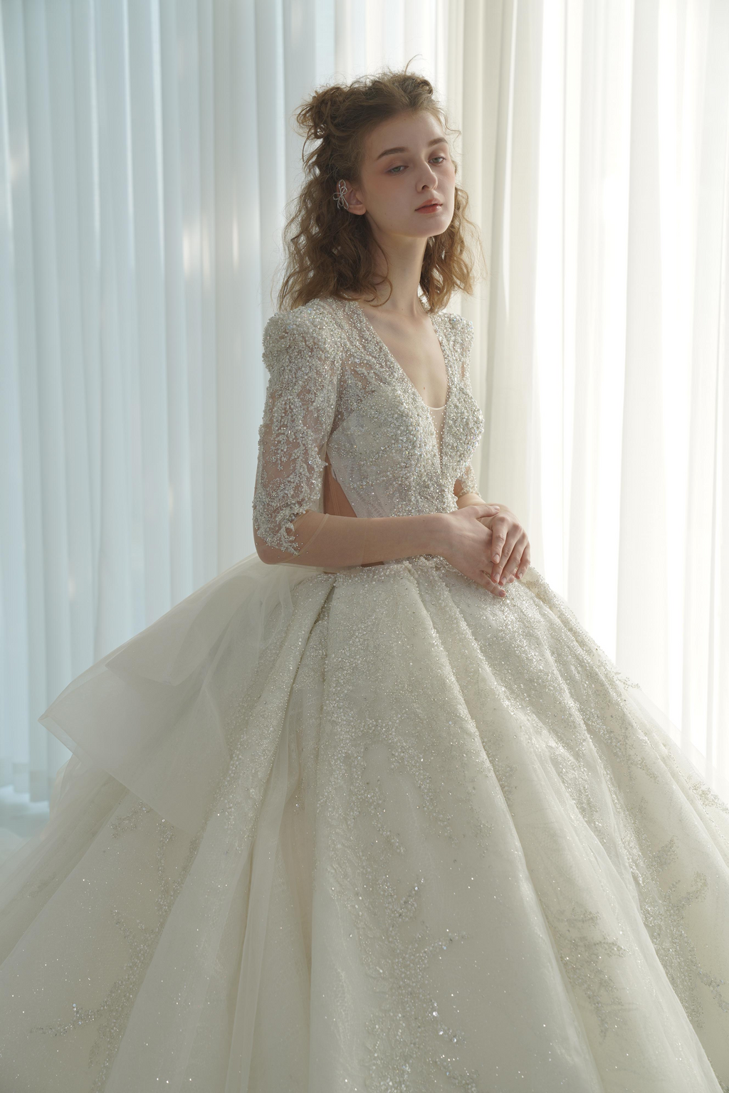 Luxe V-Neck Crystal Ball Gown Wedding Dress with Long Lace Sleeves & Oversized Bow