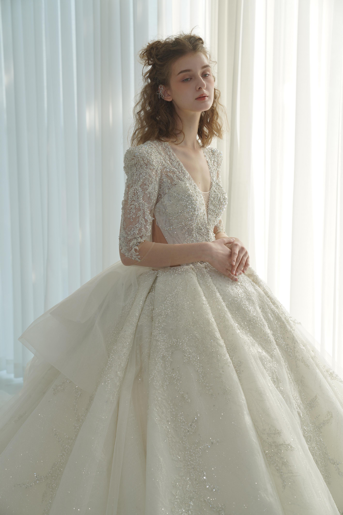 Luxe V-Neck Crystal Ball Gown Wedding Dress with Long Lace Sleeves & Oversized Bow
