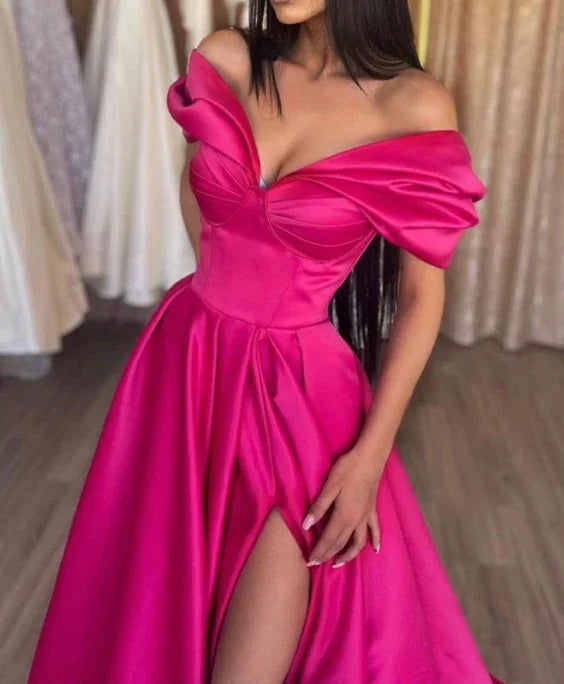 Vestido largo de fiesta de satén rosa fuerte, elegante línea en A, hombros descubiertos, con pliegues y abertura Y7644