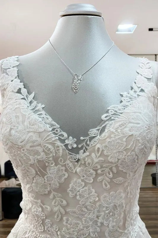 Chic Tulle V Neck Open Back Long A Line Wedding Dress With Lace Ruffles