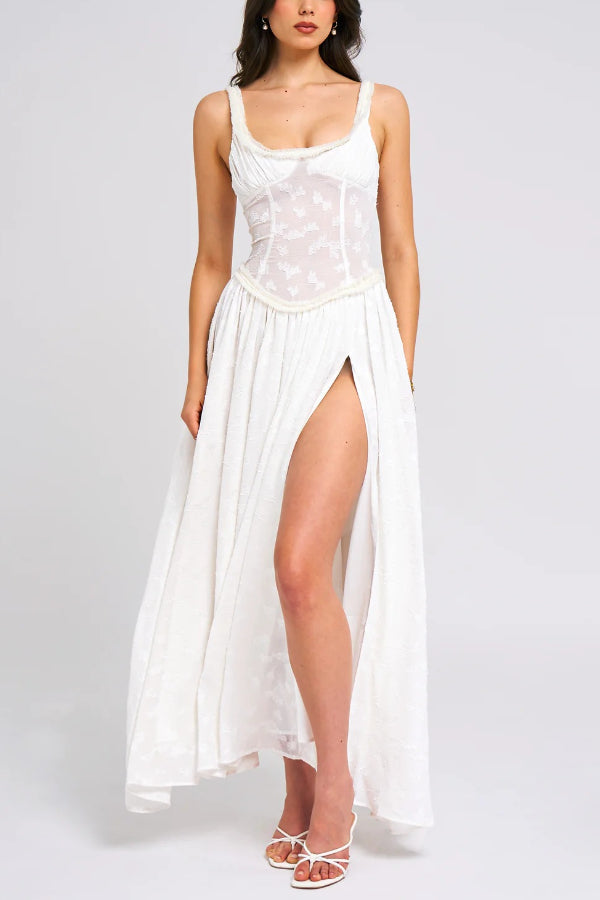 Vestido Maxi Ulissa Verde Claro com Decote Quadrado, Textura Jacquard e Fenda Alta