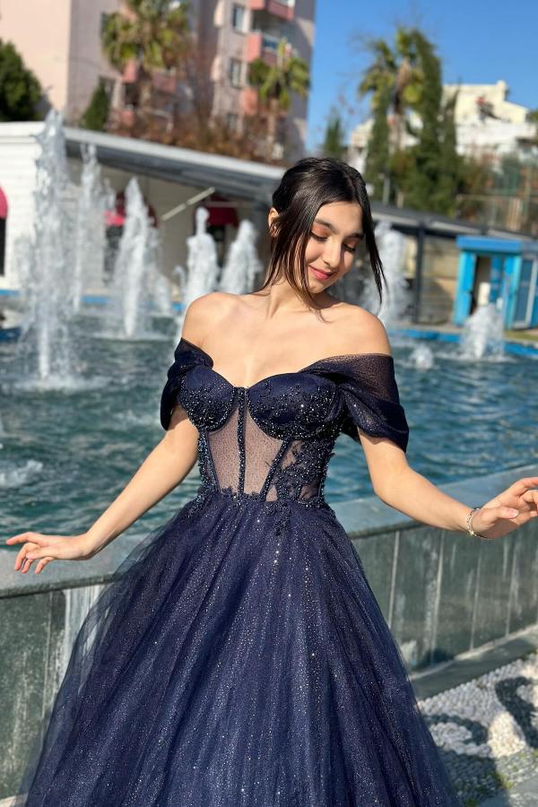 A Line Floor Length Sweetheart Off Shoulder Sequined Tulle Wedding Dress