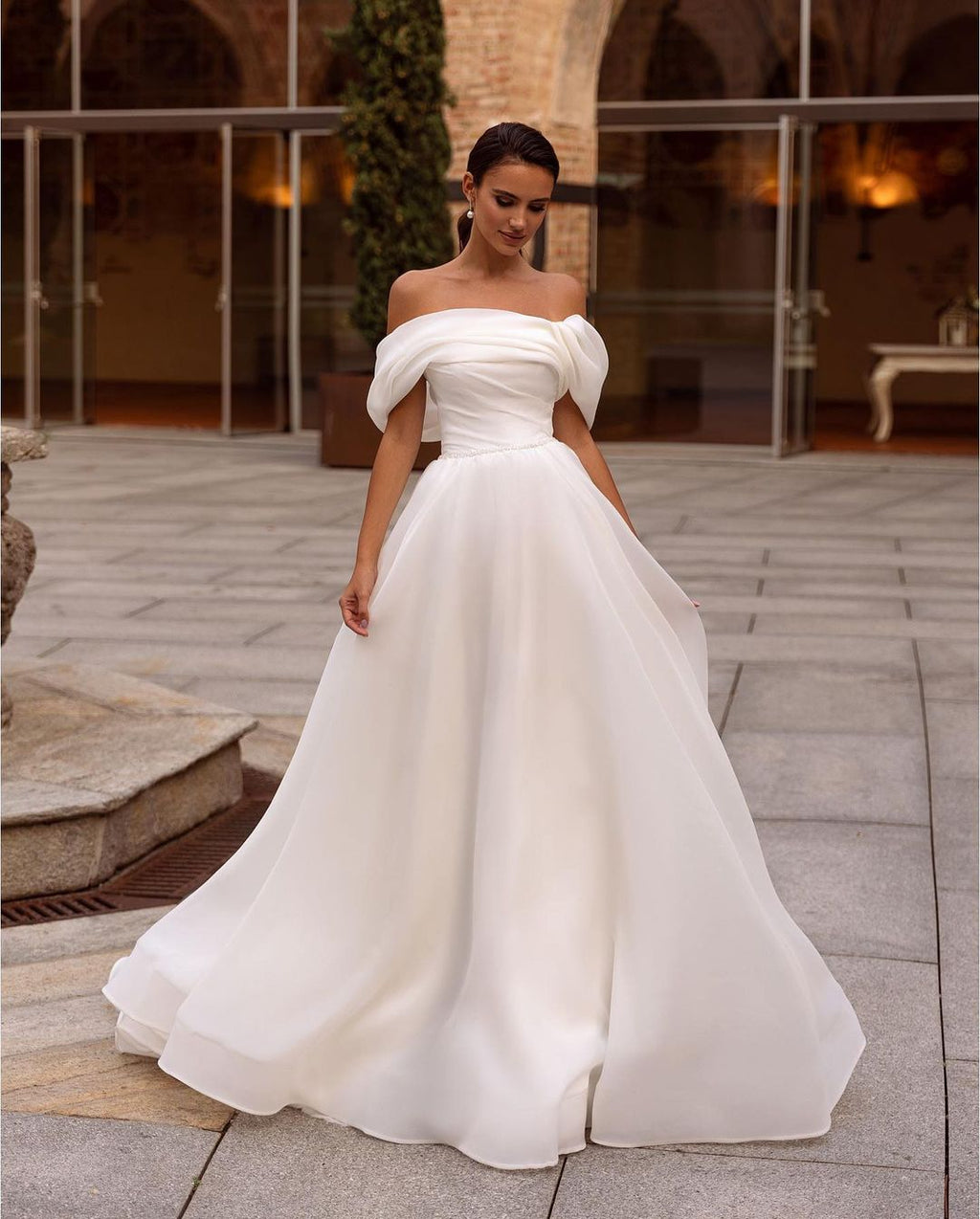 White Strapless Off The Shoulder A Line Wedding Dress