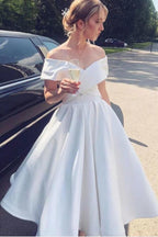 Modest Off The Shoulder Short A Line Satin Strapless Wedding Dress