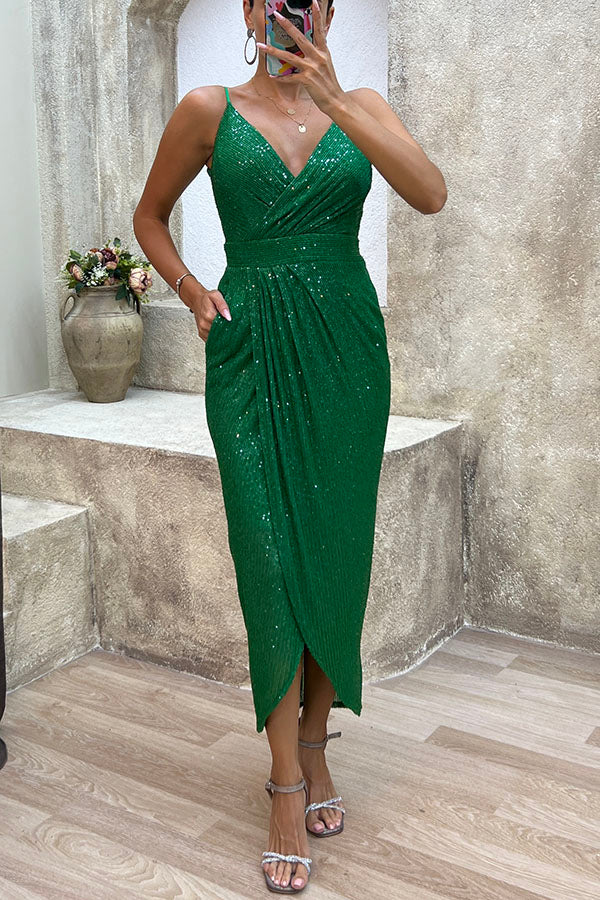 Vestito Midi con Taschini a Paillettes, Drappeggio e Spacco per la Serata