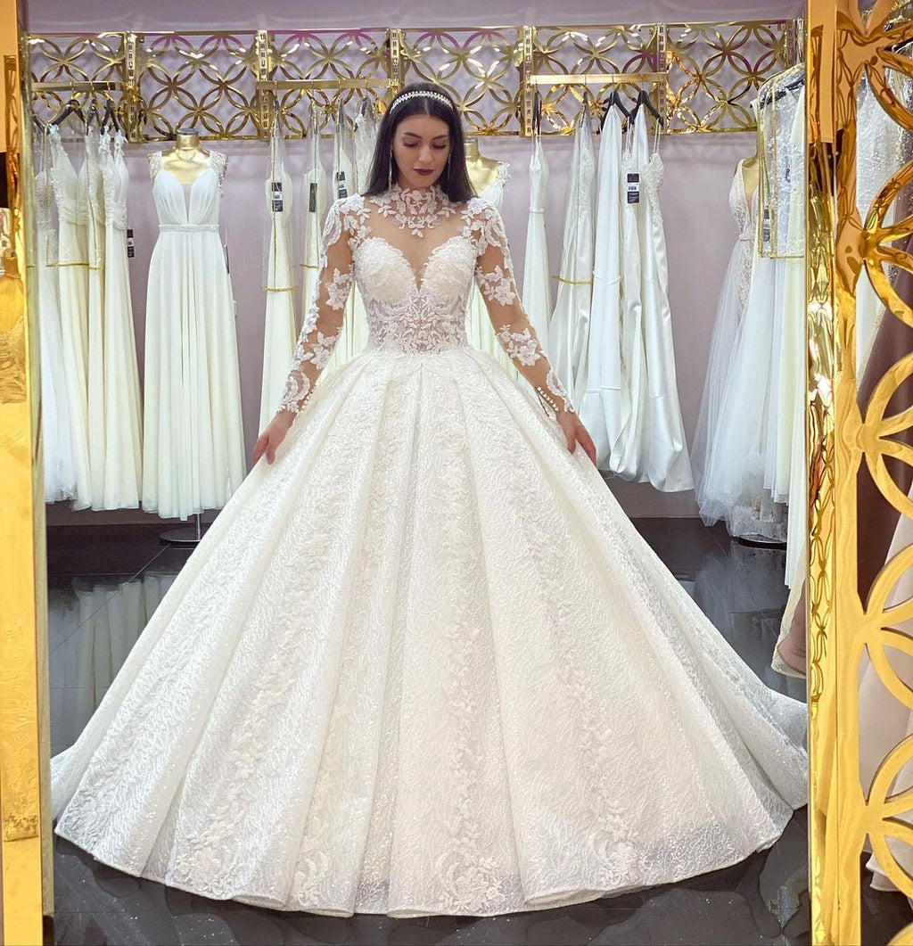 Elegant Long Sleeve Wedding Dress With Lace Appliques And High Neck