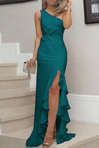 Robe de soirée élégante à une épaule avec fente et volants solides (8 couleurs)