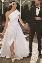 Gorgeous Satin Long A Line One Shoulder Wedding Dress With Slit