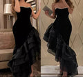 Vestido de noche negro sin tirantes con volantes estilo sirena sexy Vestido formal para baile de graduación Y7697