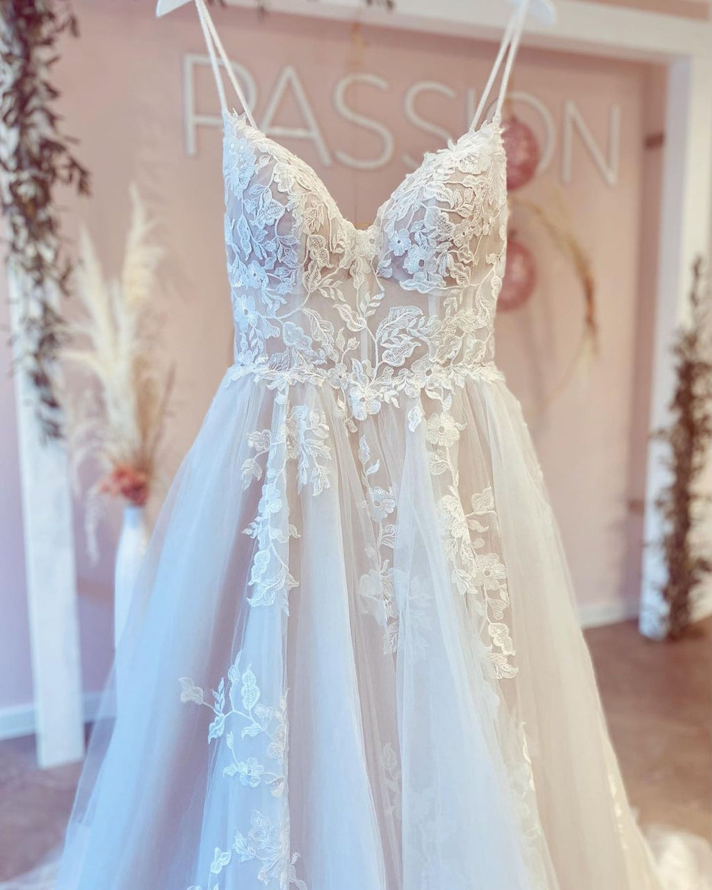 Spaghetti Straps Backless V Neck A Line Long Wedding Dress With Tulle