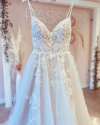 Spaghetti Straps Backless V Neck A Line Long Wedding Dress With Tulle