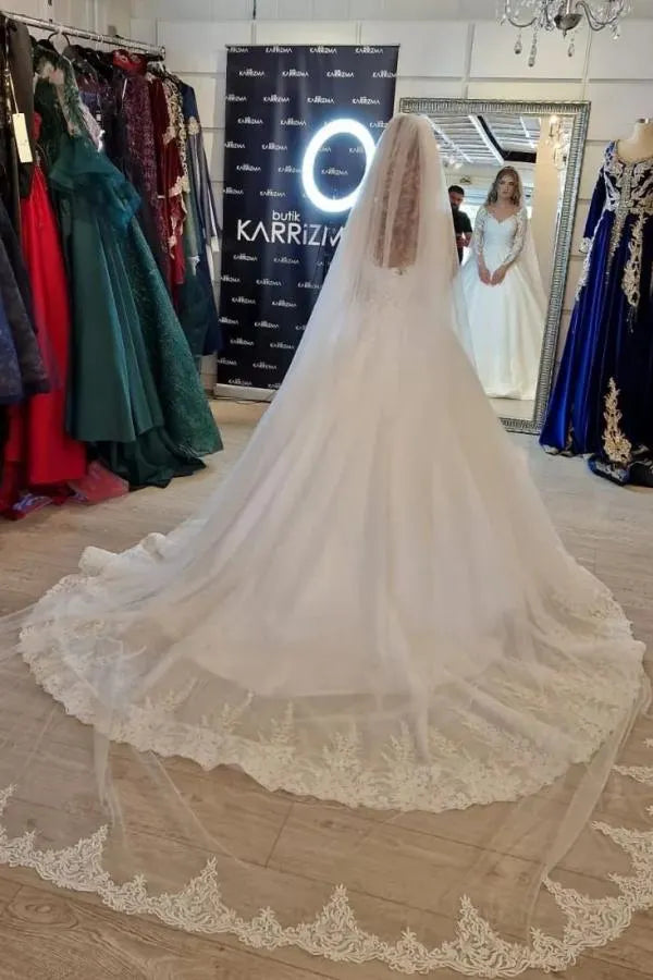 White Lace V Neck A Line Wedding Dress With Long Sleeves