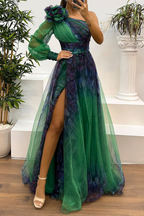 Vestidos de Noite Sexy para Baile de Finalistas com Estampa Floral, Fenda, Transparência em Tule e Decote Assimétrico (6 Cores)