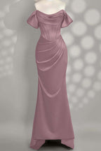 Off The Shoulder Sleeveless Mermaid Long Prom Dress With Pleated Custom Color