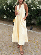 Vestito Midi A-Line con Taschino Posteriore Ritorto Stile Vacanza