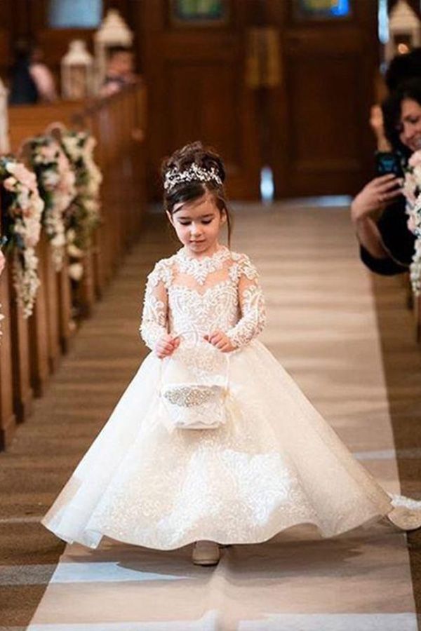 Long Sleeves Lace Jewel Neck Flower Girl Dress Ball Gown Floor Length
