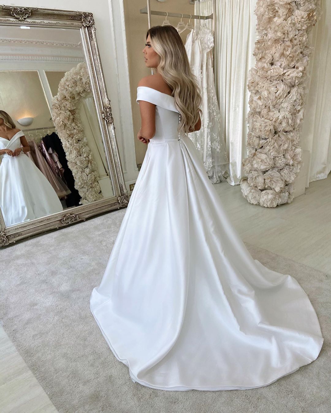 Modern Off Shoulder Long Sweetheart Backless Satin A Line Wedding Dress