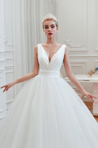 Charming V Neck Wide Straps Deep Floor Length A Line Tulle Wedding Dress