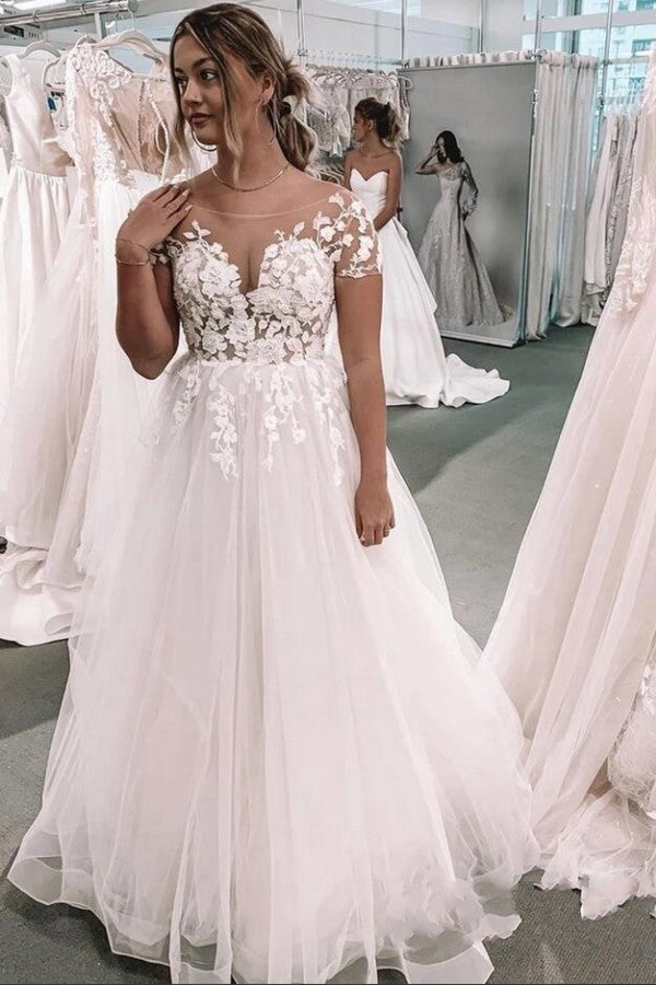 Modern Short Sleeves Floor Length Tulle A Line Wedding Dress With Appliques Lace