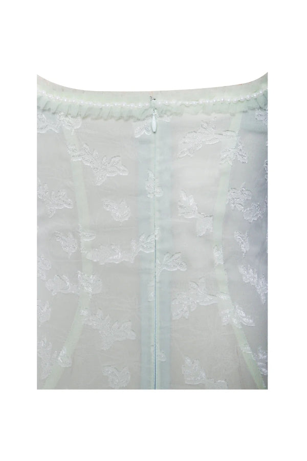 Vestido Maxi Ulissa Verde Claro com Decote Quadrado, Textura Jacquard e Fenda Alta