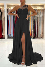 Custom One Shoulder Prom Dress With Lace Appliques And Front Split