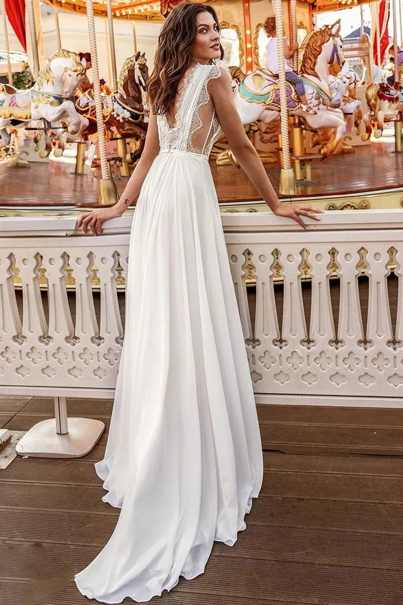 Elegant Long Sleeveless Chiffon Wedding Dress for Bride with Romantic Silhouette