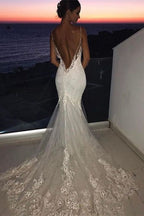 Mermaid Spaghetti Straps Lace Wedding Dress With Appliques