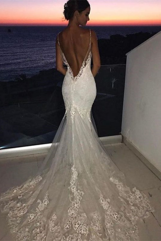 Mermaid Spaghetti Straps Lace Wedding Dress With Appliques